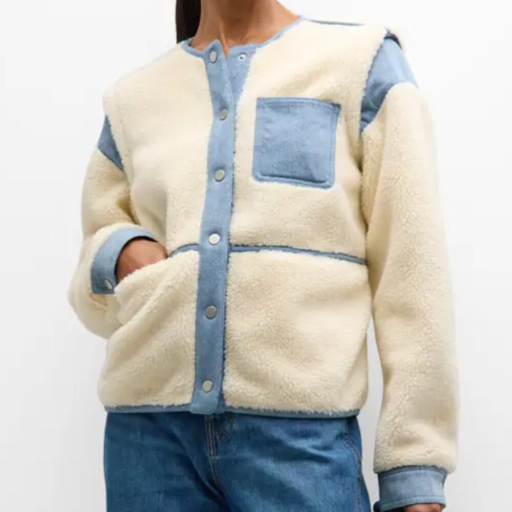 Veronica Beard Surrey Sherpa Jacket Cream Denim Trim Size Large New Tag $598